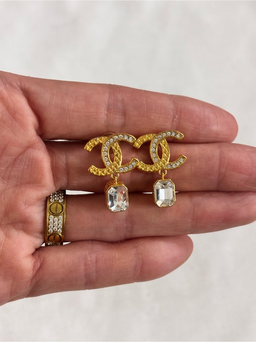 Fashion Jewelry Gold-Tone Logo Earrings with Clear Crystal Drop